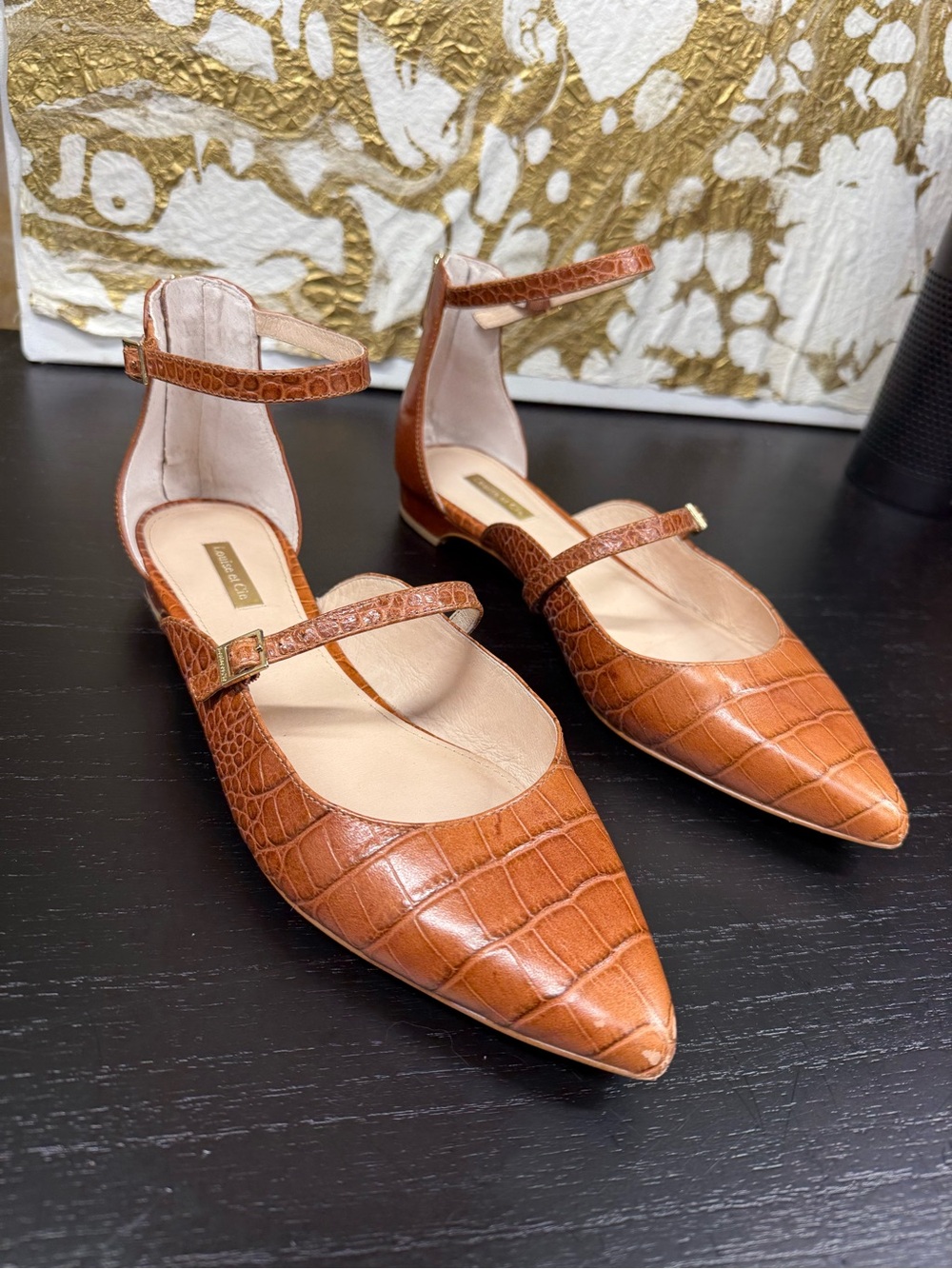 Pointed Mary Jane Flats in Croc-Embossed Tan
